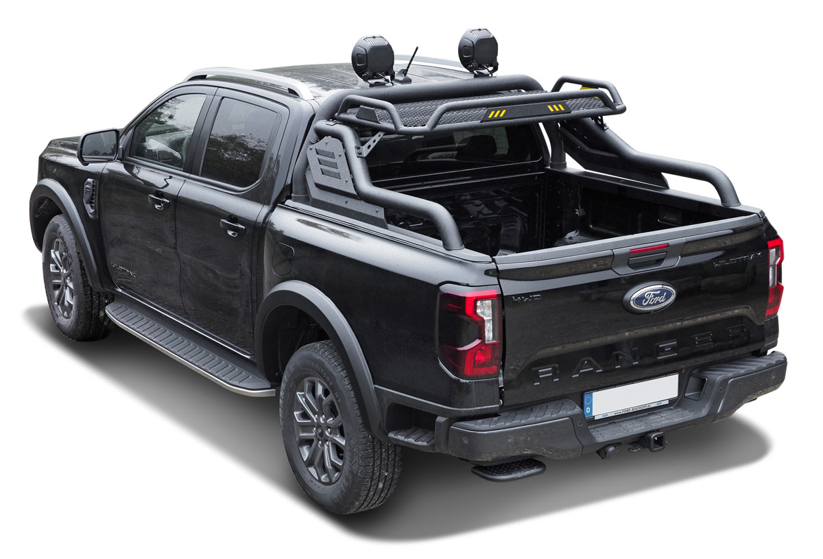 HSP Black Stealth Überrollbügel mit Gepäckkorb + Montageschienen passend für Ford Ranger/Ranger Raptor (2023-)